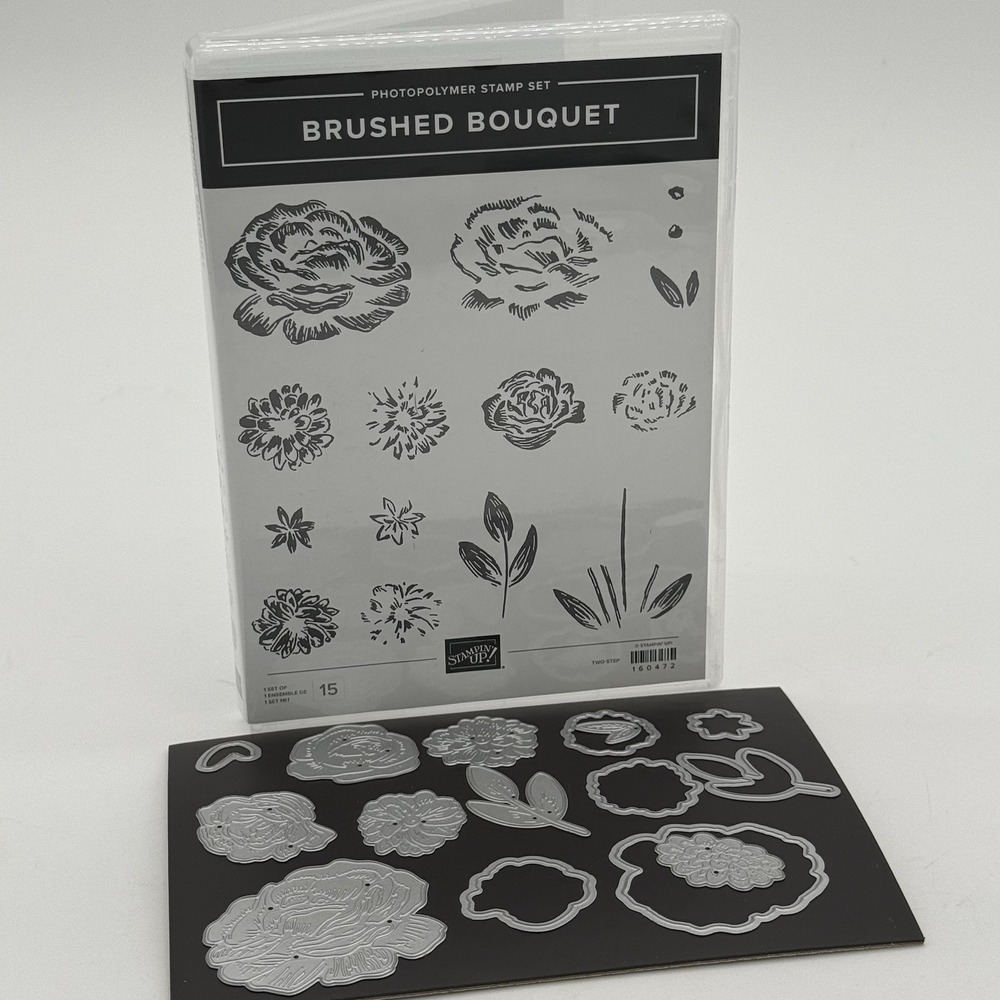 Stampin Up BRUSHED BOUQUET Stamp & Die Set Flowers Magnetic Card Included NEW